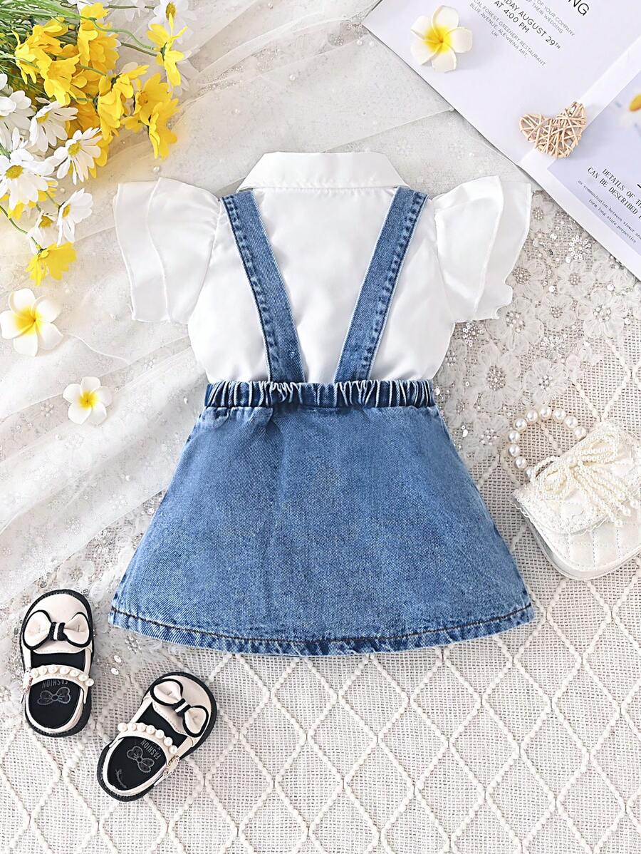 Conjunto de 2 peças de macacão de ganga para bebé menina e blusa com mangas franzidas