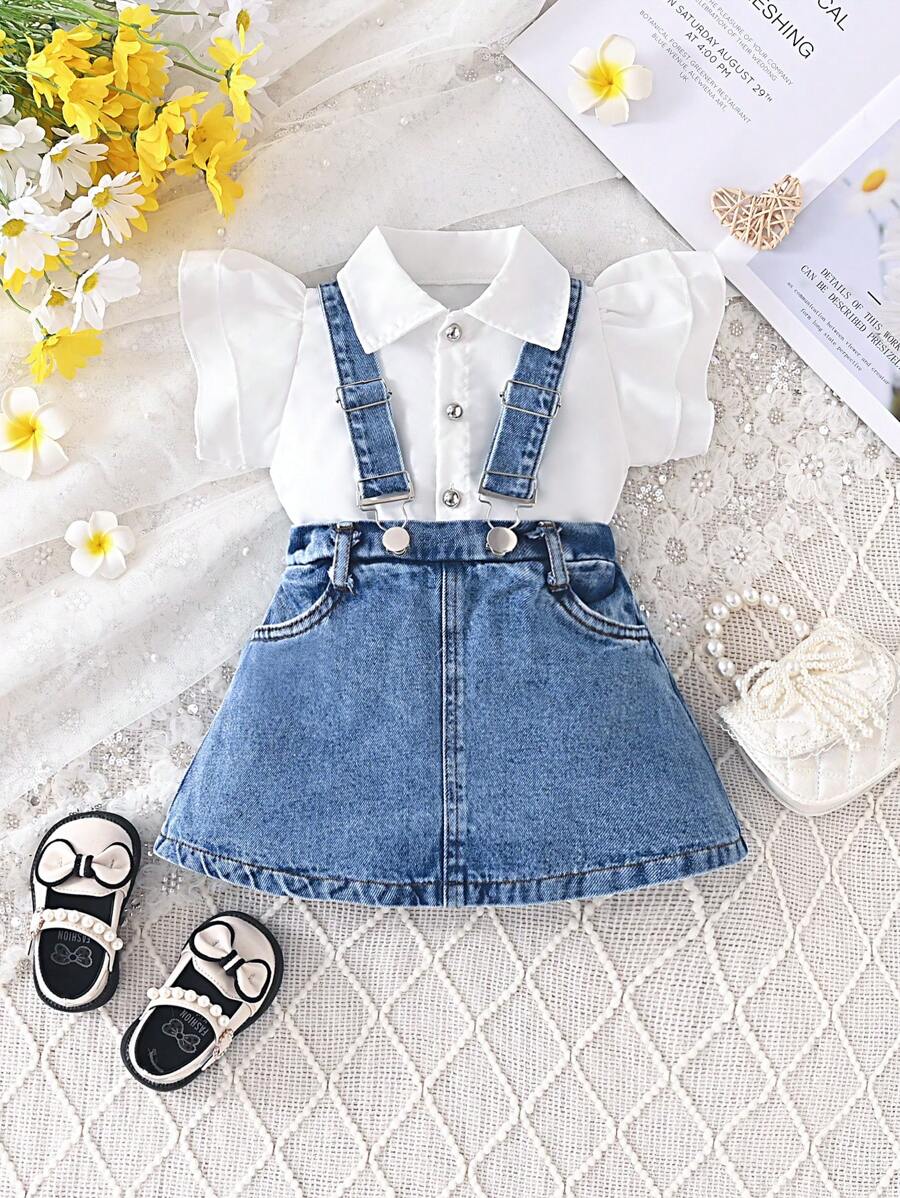 Conjunto de 2 peças de macacão de ganga para bebé menina e blusa com mangas franzidas