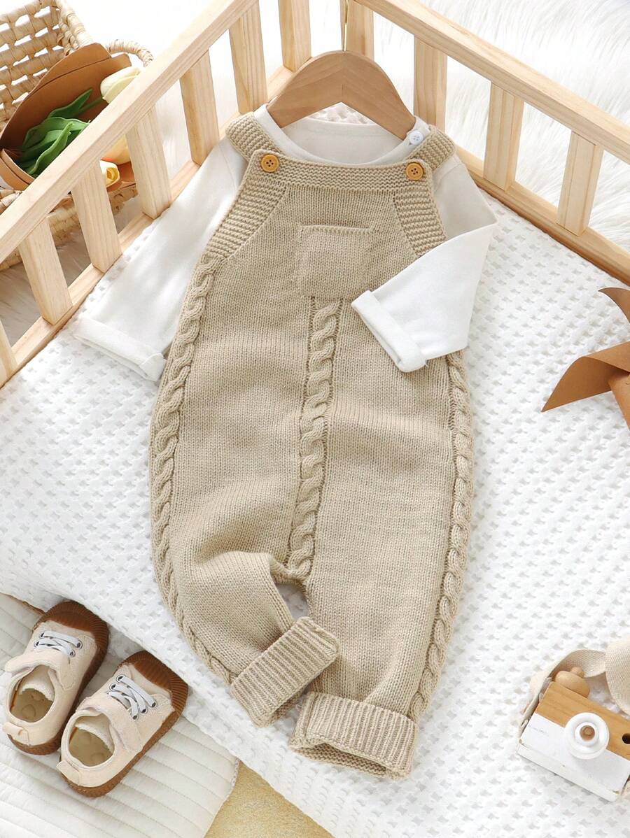 Macacão de malha casual simples e moderno para menino, verde claro, com babete