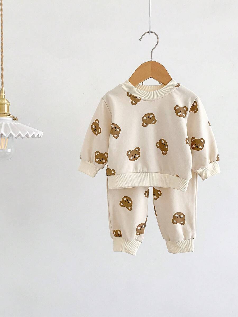 Conjunto de roupa para bebé menino para o regresso às aulas, novo estilo primavera/outono, 2 peças de sweatshirt com gola redonda e desenho de urso