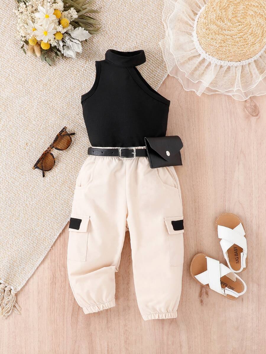 Calça cargo lisa com bolso lateral e pala para bebé menina, sem cinto
