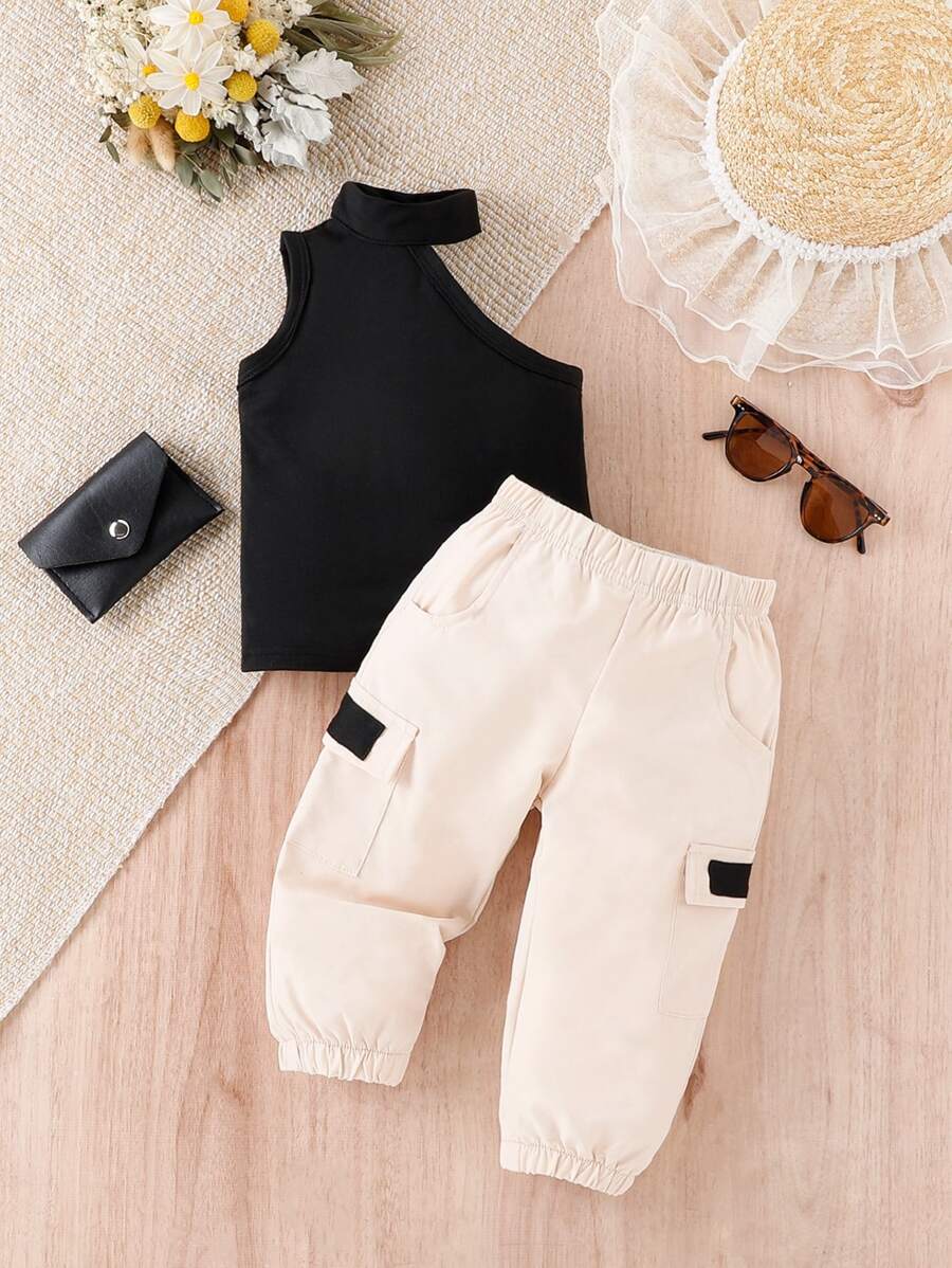Calça cargo lisa com bolso lateral e pala para bebé menina, sem cinto